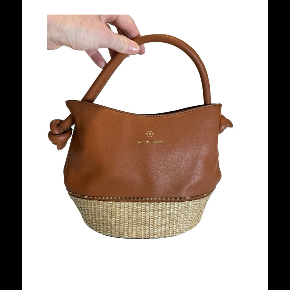 Nanette Lepore Vegan Tan Woven Bottom Detail CrossBody Satchel Handbag